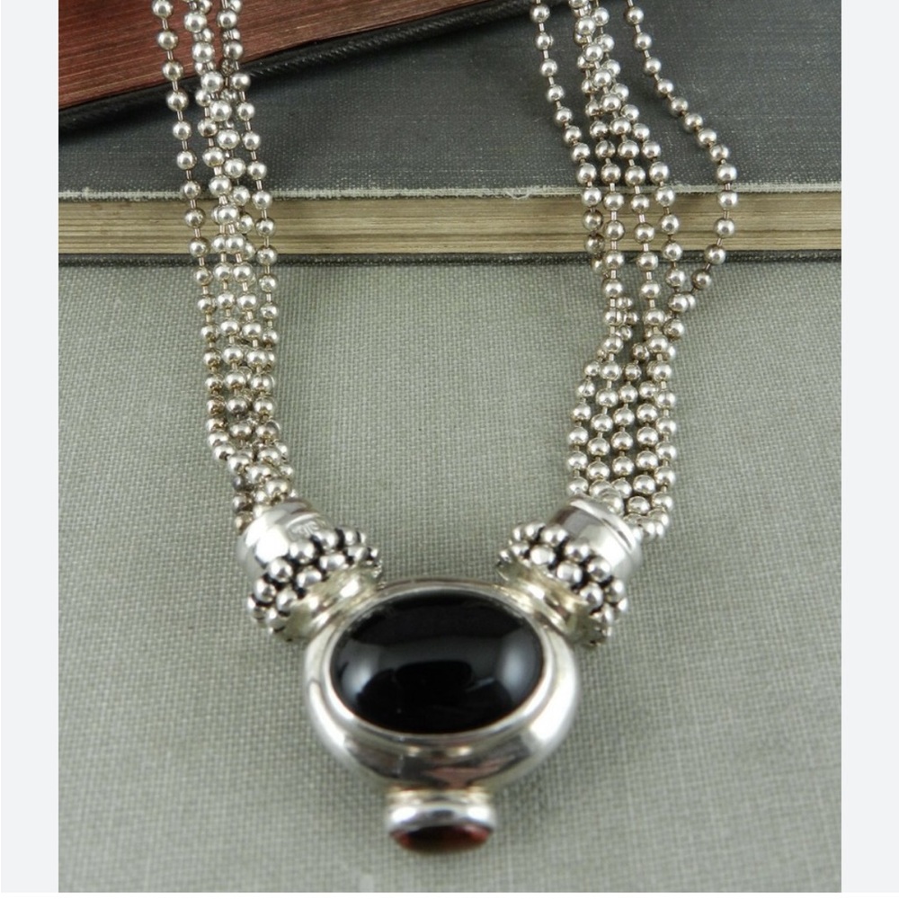 Joseph Esposito Onyx & Amber Elegant Sterling Silver Snap Beaded Necklace 16”